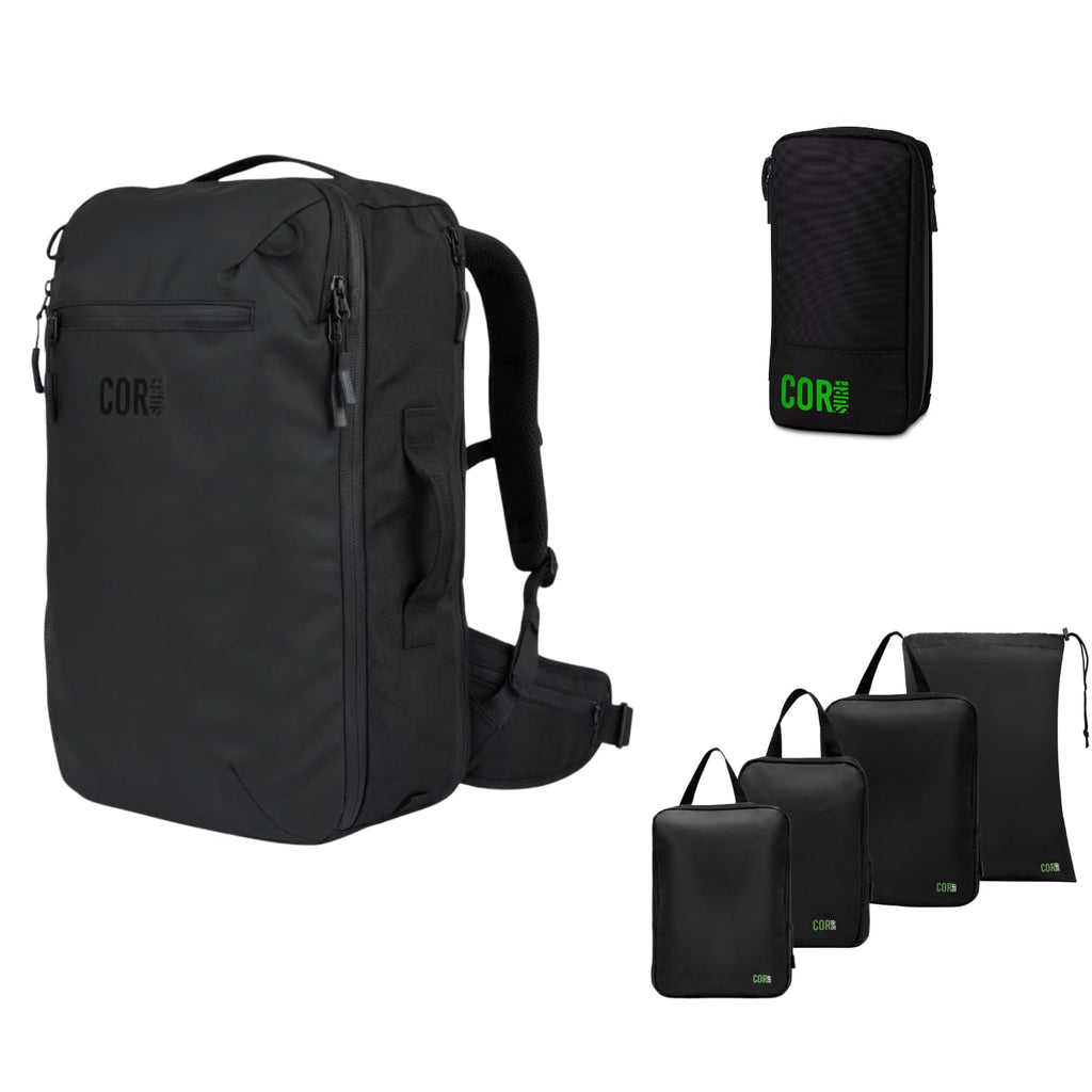 Carry-On Travel Backpack Bundle | Toiletry Bag & Compression Packing Cubes