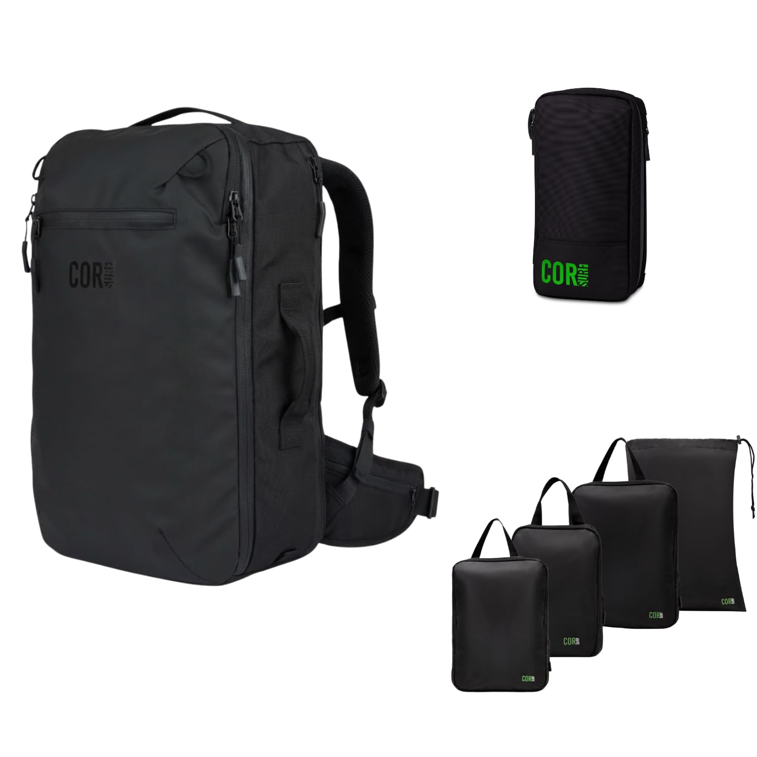 Carry-On Travel Backpack Bundle | Toiletry Bag & Compression Packing Cubes
