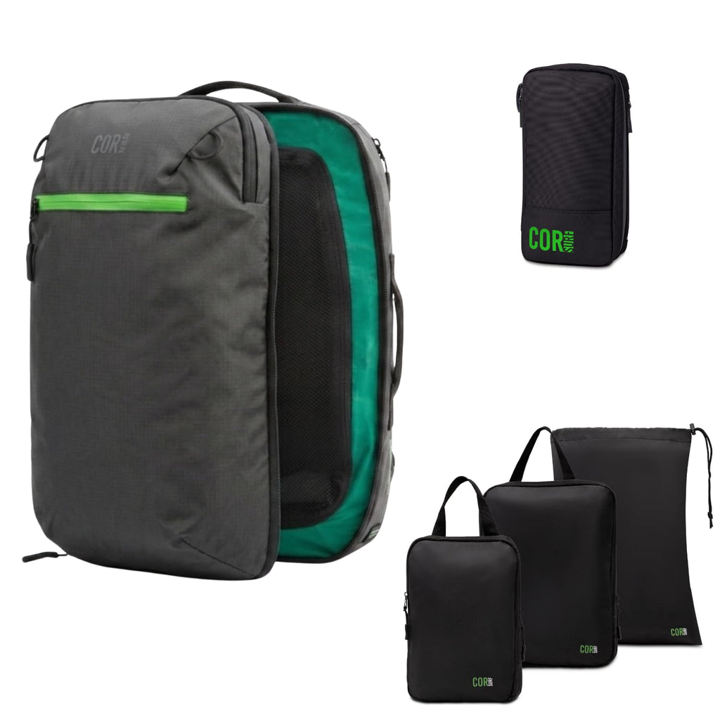 Carry-On Travel Backpack Bundle | Toiletry Bag & Compression Packing Cubes