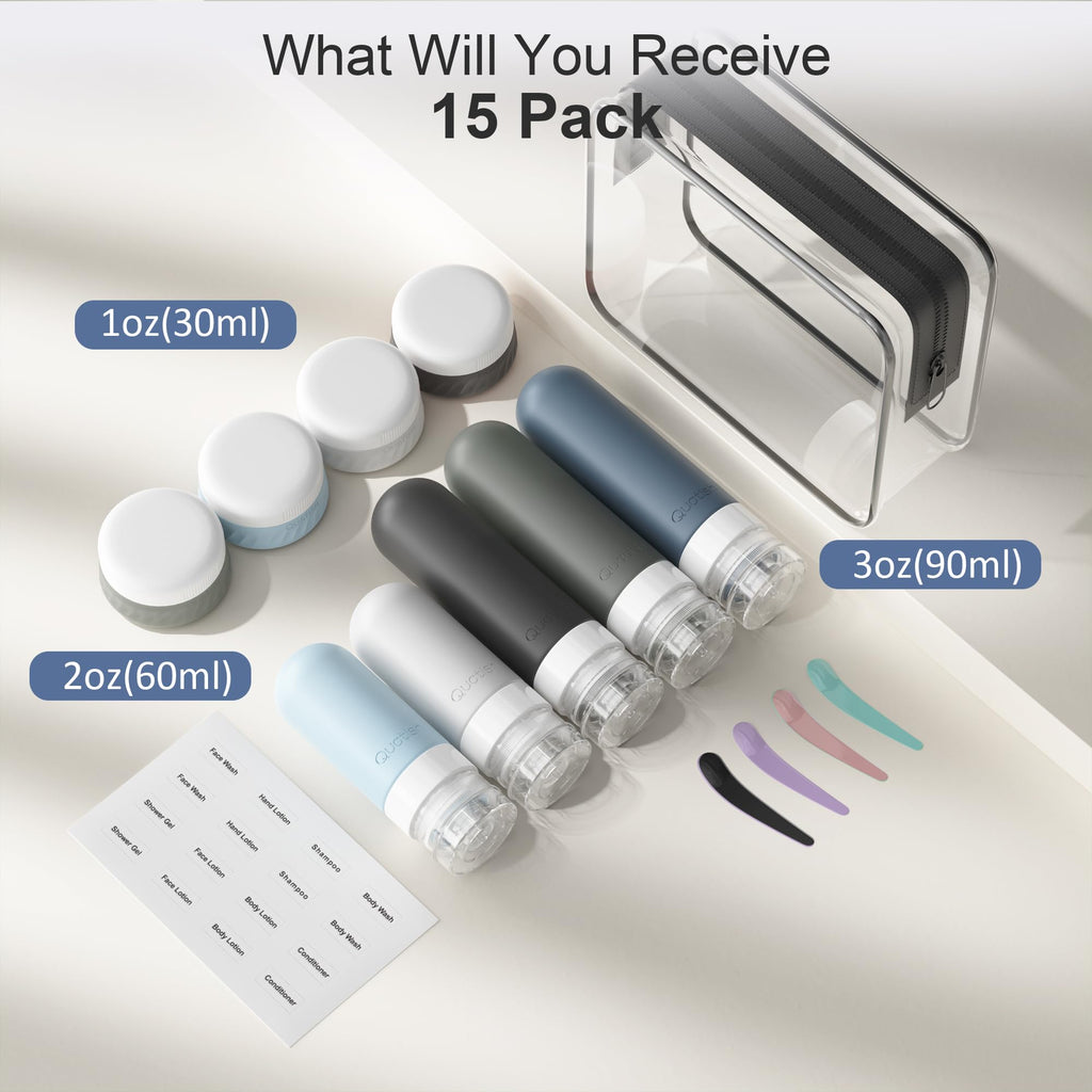 15-Piece Travel Toiletry Bottle Set | Leak-Proof Silicone Containers