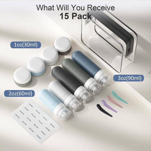15-Piece Travel Toiletry Bottle Set | Leak-Proof Silicone Containers