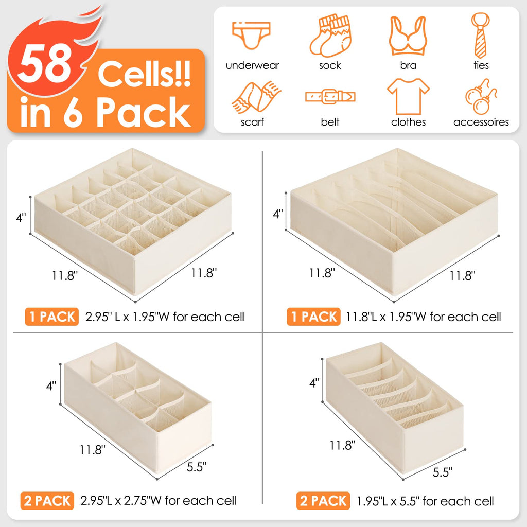 6-Piece Foldable Drawer Organizer Set | 58-Cell Fabric Storage Bins