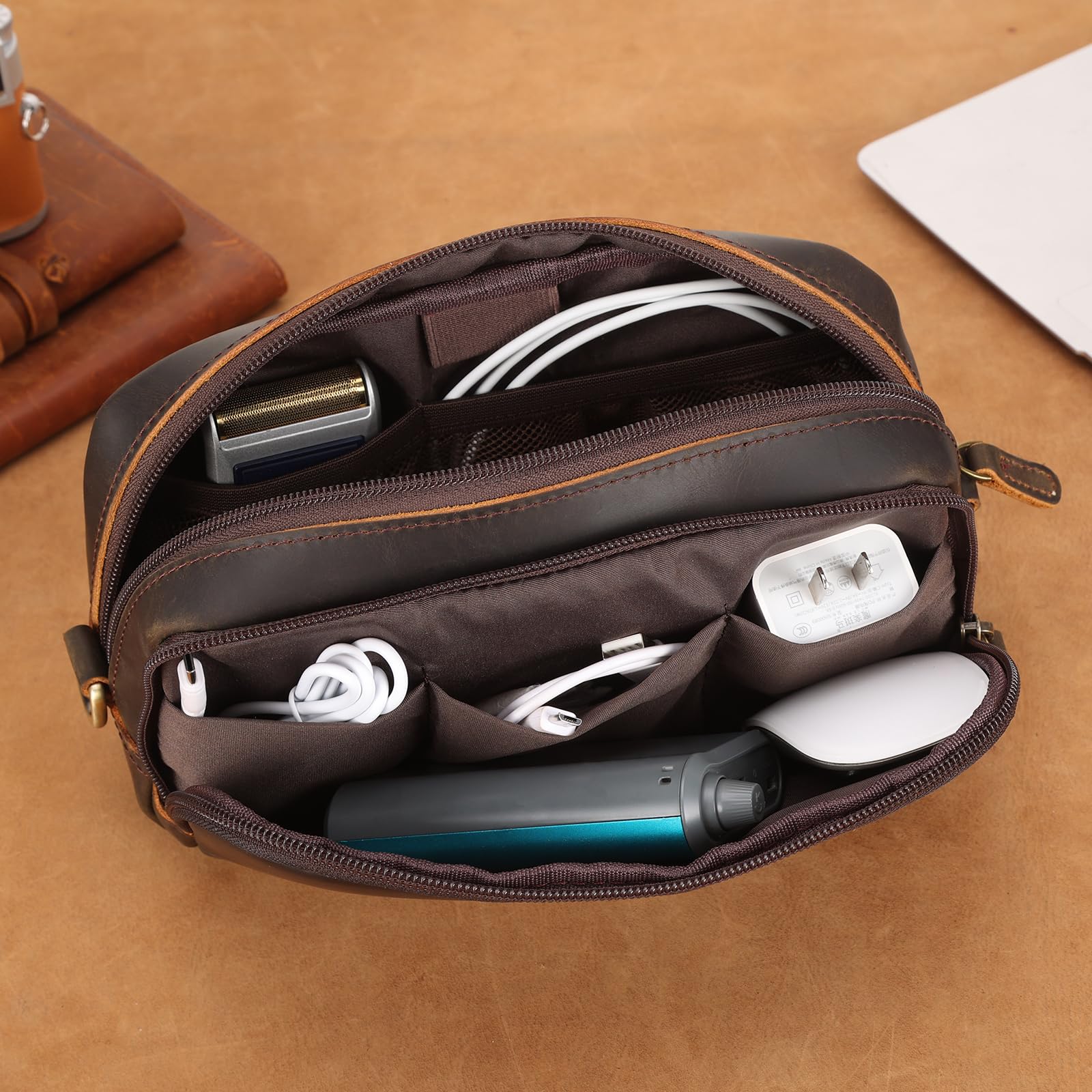 Leather Travel Electronics Organizer | Cable Storage Case