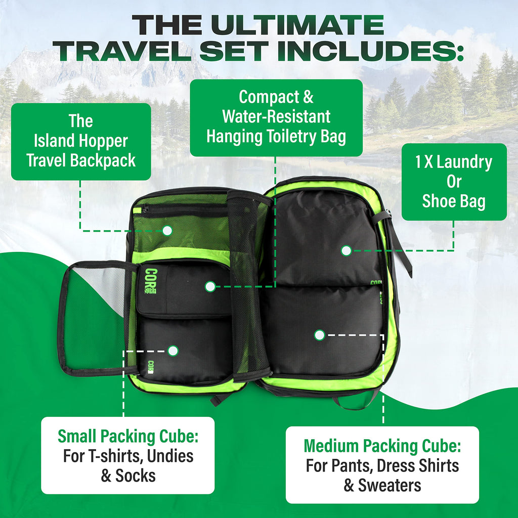 Carry-On Travel Backpack Bundle | Toiletry Bag & Compression Packing Cubes