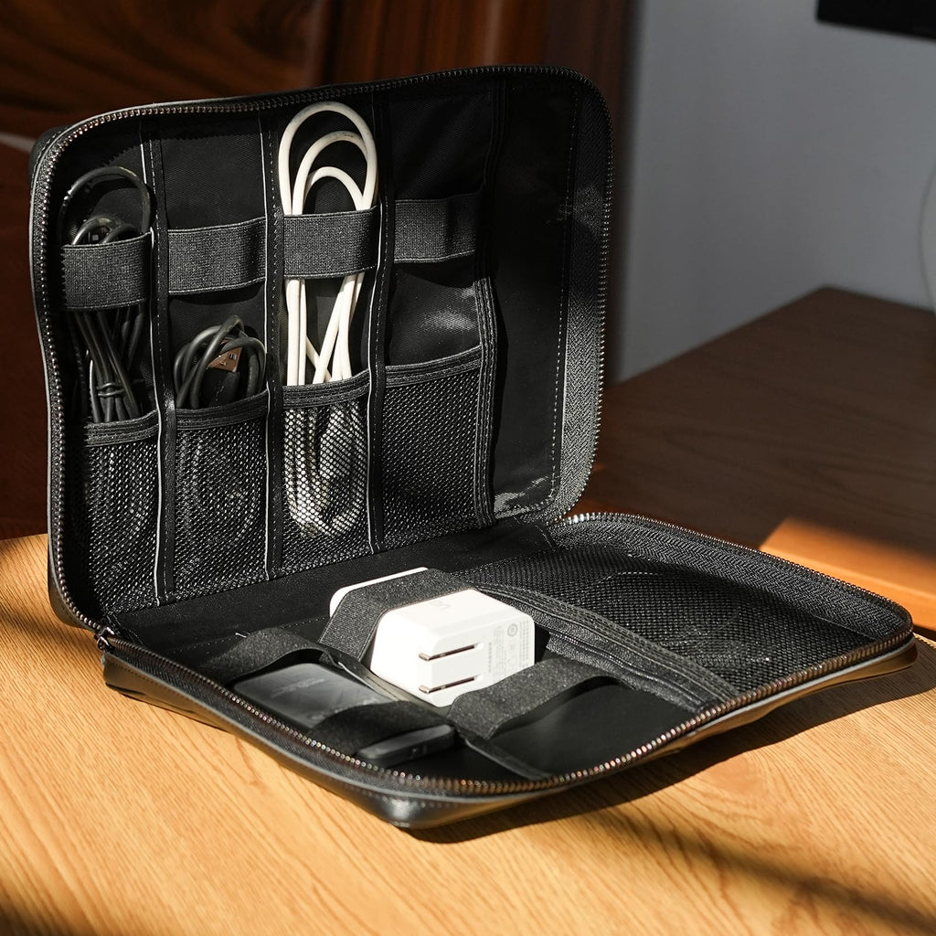 Full-Grain Leather Travel Tech Organizer | Cable & Electronics Storage Case
