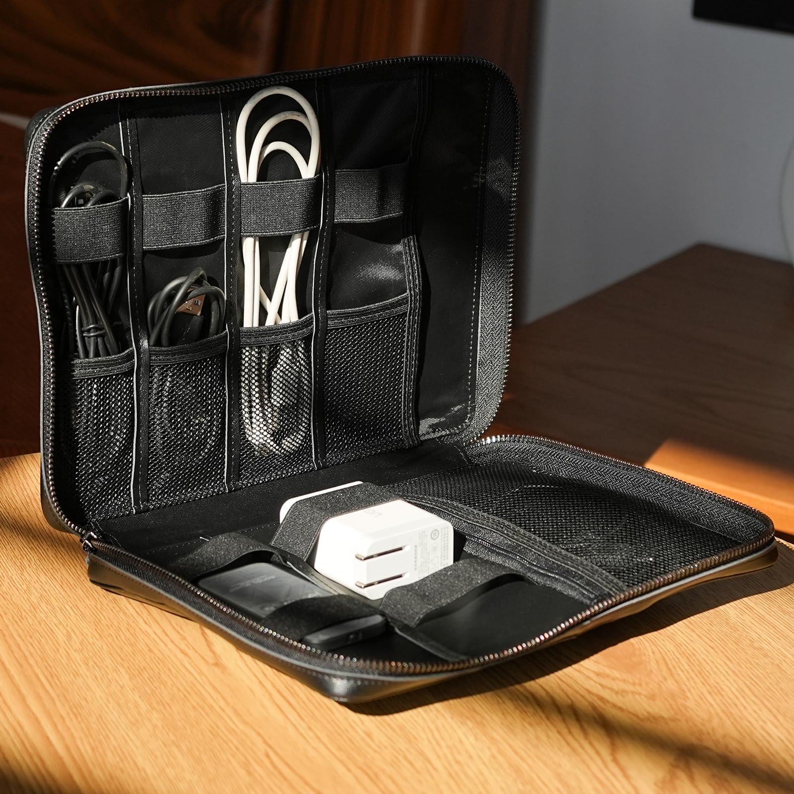 Full-Grain Leather Travel Tech Organizer | Cable & Electronics Storage Case