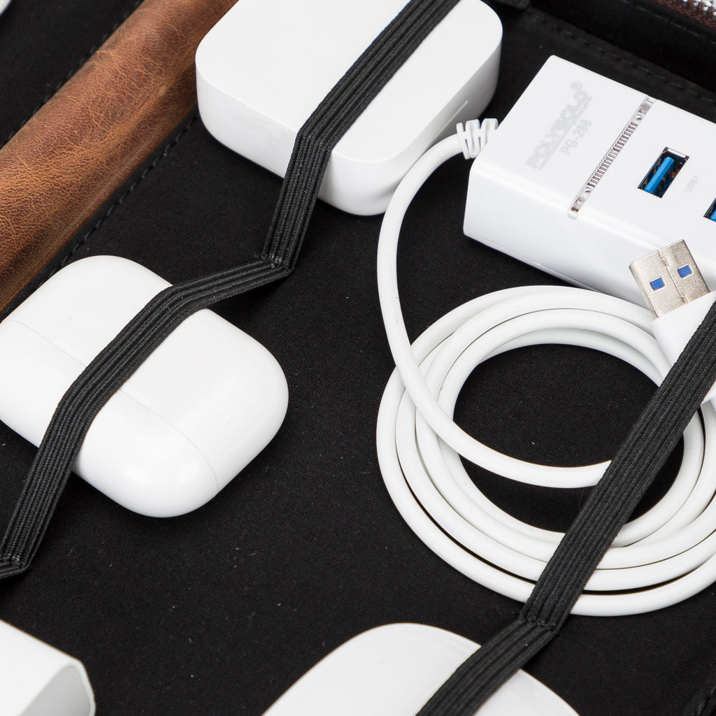 Full-Grain Leather Travel Tech Organizer | Handmade Cable & Accessories Pouch
