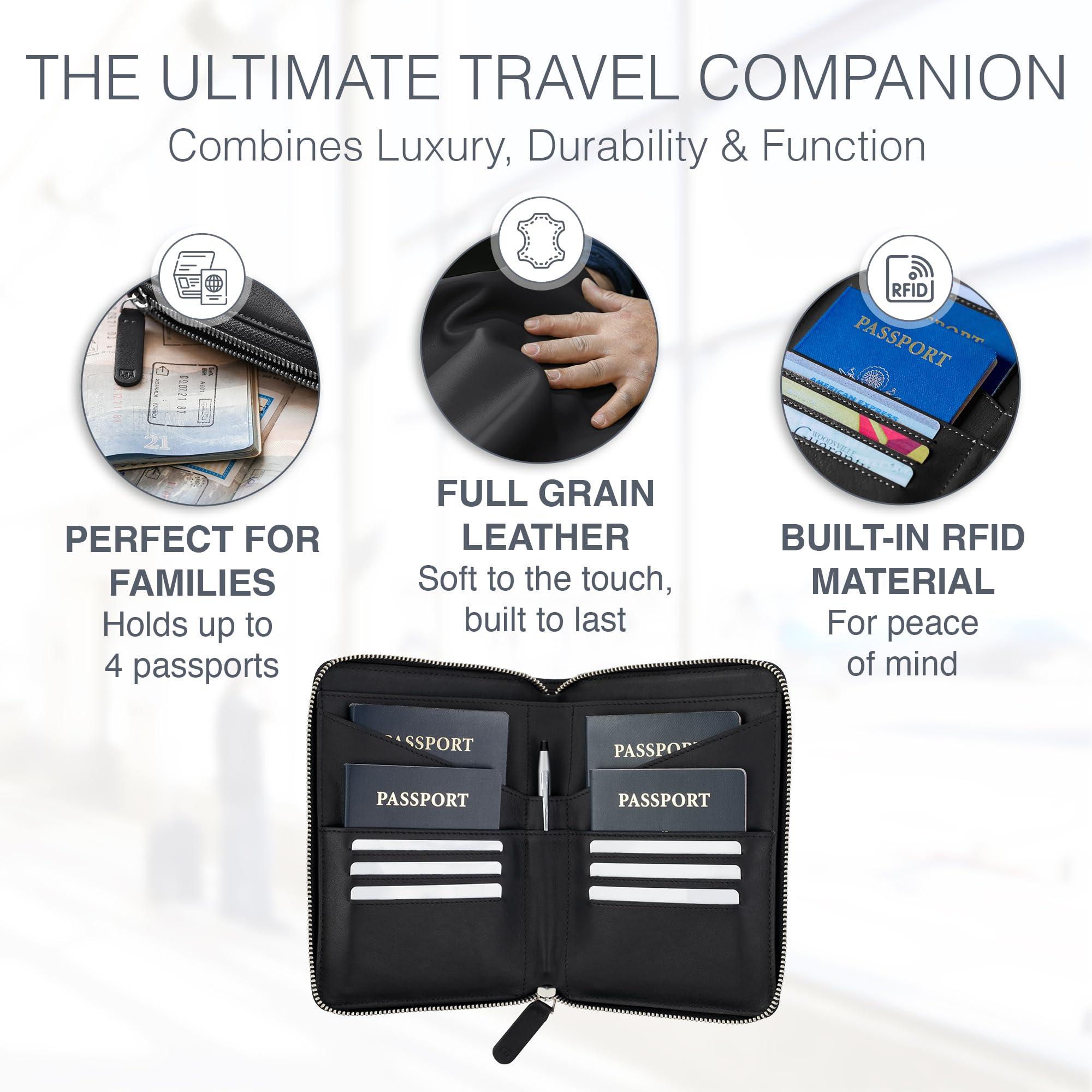 Full-Grain Leather Family Passport Holder | RFID Travel Document Organizer