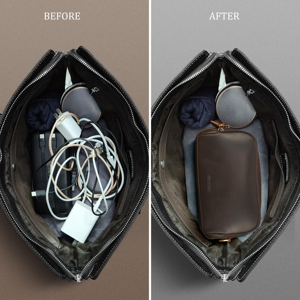 Leather Travel Electronics Organizer | Cable Storage Case