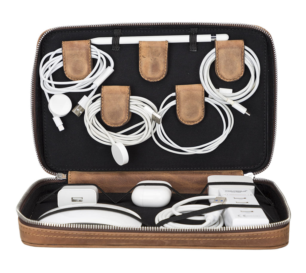 Full-Grain Leather Travel Tech Organizer | Handmade Cable & Accessories Pouch